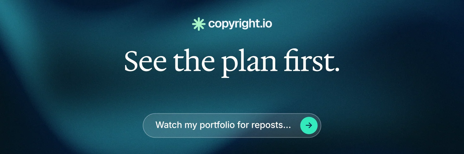 X header for copyright.io: "See the plan first." Agentic glass style, centred layout, dark palette in black, blue, teal.