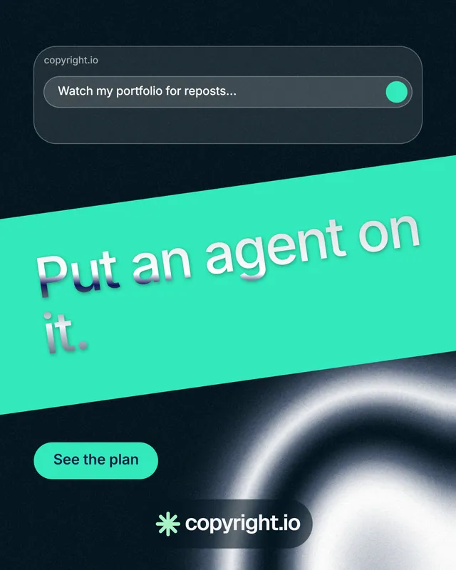 Instagram portrait post for copyright.io: "Put an agent on it." Y2K style, diagonal layout, dark palette in black, teal, blue.