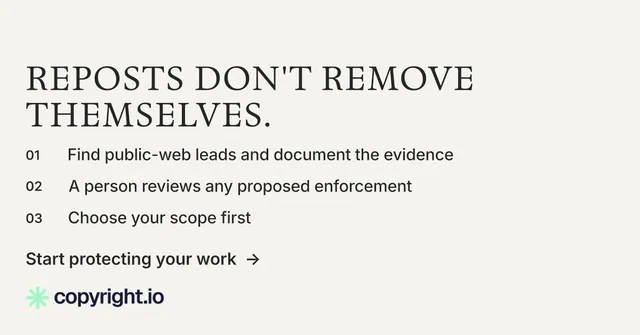 Social ad for copyright.io: "Reposts don't remove themselves." Minimal luxury style, numbered layout, light palette in white, grey.