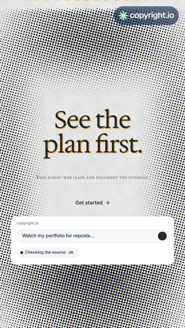Instagram story for copyright.io: "See the plan first." Brutalist style, smallcaps layout, light palette in grey, white.