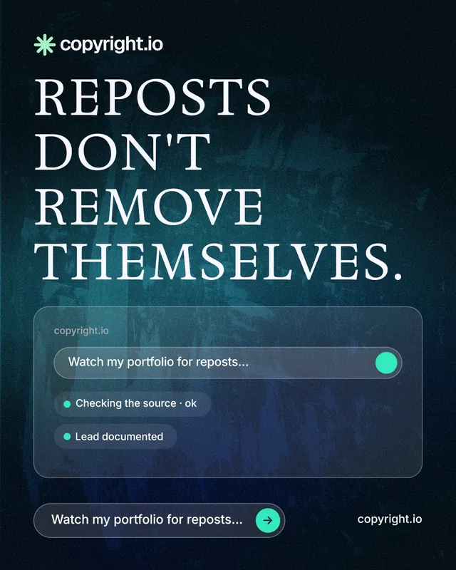 Instagram portrait post for copyright.io: "Reposts don't remove themselves." Agentic glass style, poster layout, dark palette in blue, black.