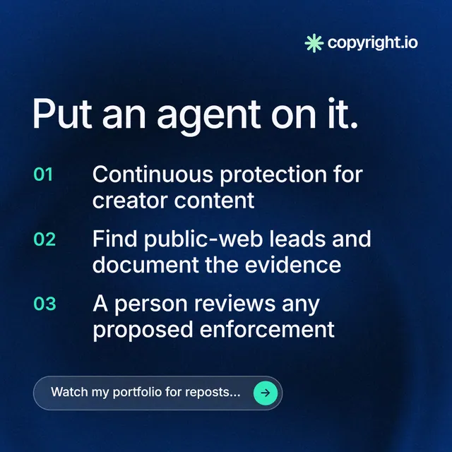 Instagram post for copyright.io: "Put an agent on it." Agentic glass style, numbered layout, dark palette in blue, black, grey.