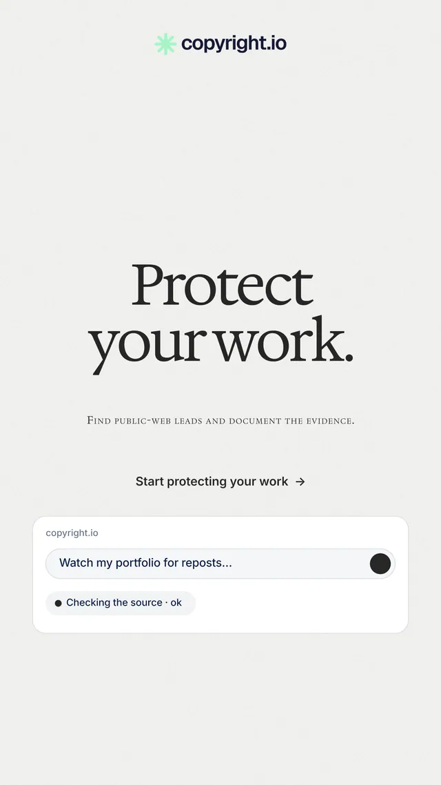 Instagram story for copyright.io: "Protect your work." Swiss style, smallcaps layout, light palette in white.