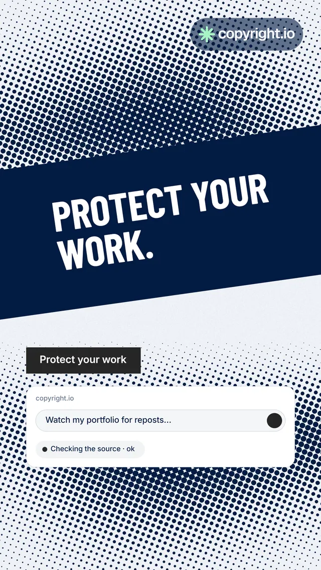 Instagram story for copyright.io: "Protect your work." Retro print style, diagonal layout, light palette in blue, grey, white.