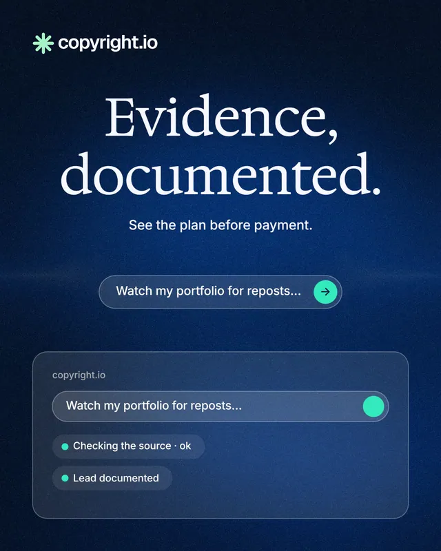 Instagram portrait post for copyright.io: "Evidence, documented." Agentic glass style, centred layout, dark palette in black, blue.