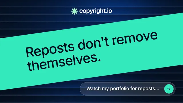 Landscape graphic for copyright.io: "Reposts don't remove themselves." Agentic glass style, diagonal layout, dark palette in teal, black, blue.