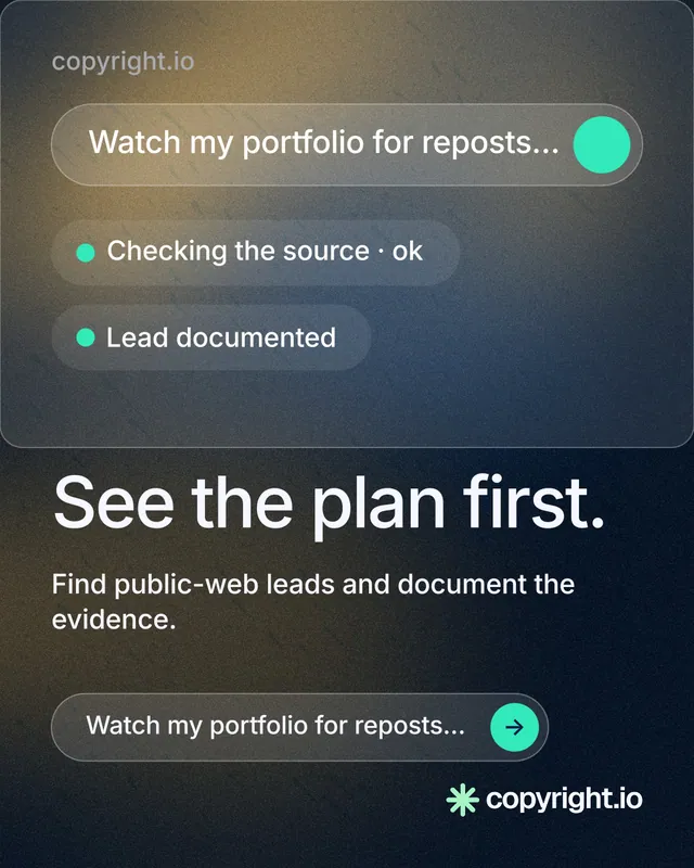 Instagram portrait post for copyright.io: "See the plan first." Agentic glass style, skeleton layout, dark palette in black, grey.