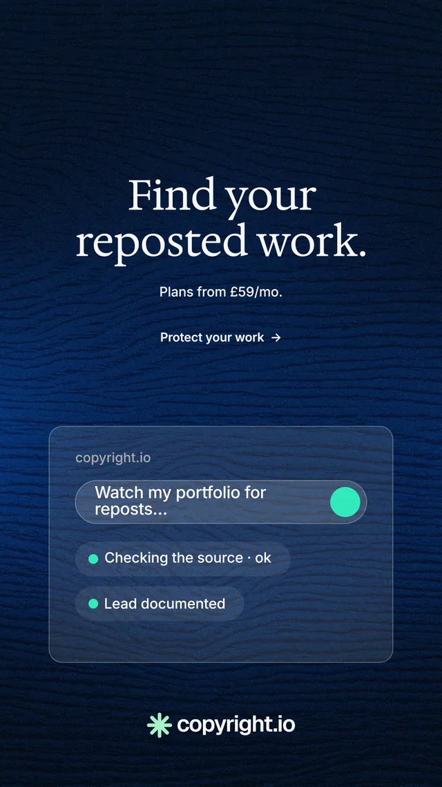 Instagram story for copyright.io: "Find your reposted work." Minimal luxury style, centred layout, dark palette in black, blue.