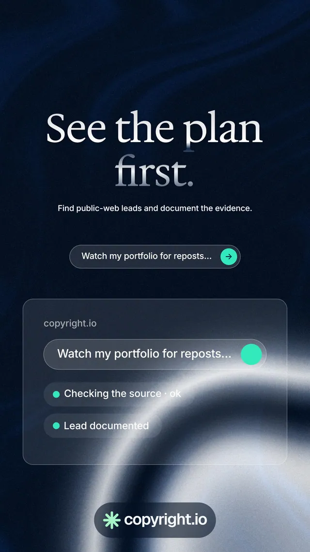 Instagram story for copyright.io: "See the plan first." Agentic glass style, centred layout, dark palette in blue, grey, black.
