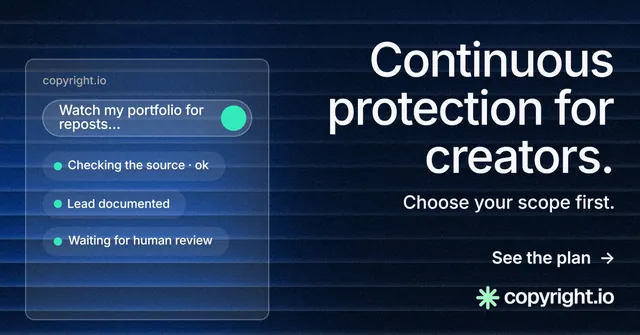 Social ad for copyright.io: "Continuous protection for creators." Minimal luxury style, right layout, dark palette in blue, black.