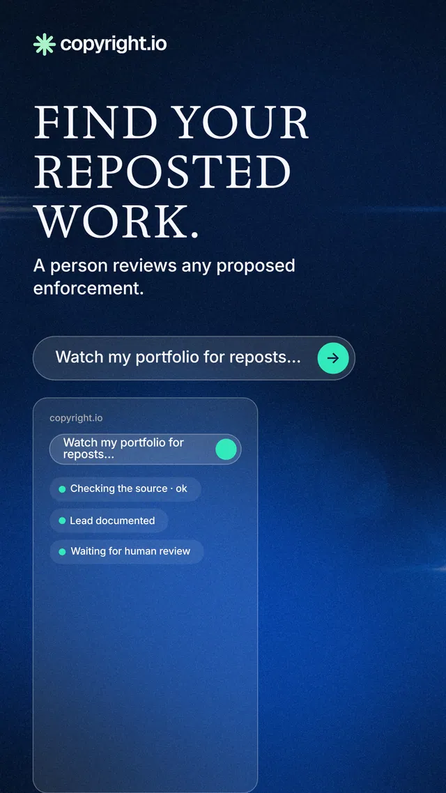 Instagram story for copyright.io: "Find your reposted work." Agentic glass style, skeleton layout, dark palette in blue, black.