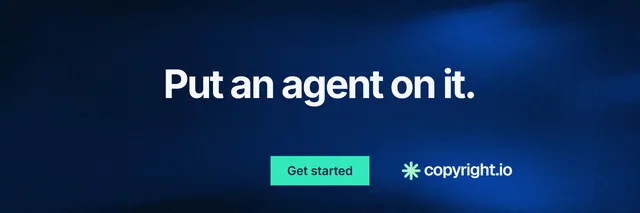 X header for copyright.io: "Put an agent on it." Swiss style, centred layout, dark palette in blue, black.