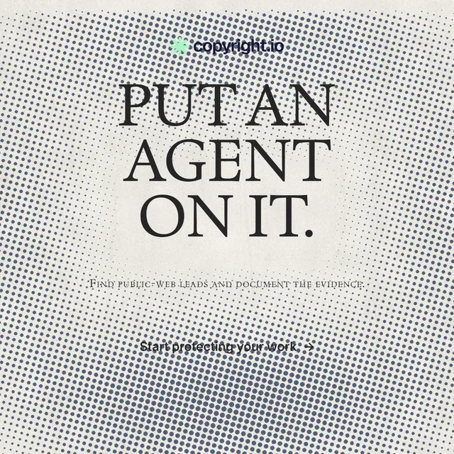 Instagram post for copyright.io: "Put an agent on it." Retro print style, smallcaps layout, light palette in grey, white, yellow.