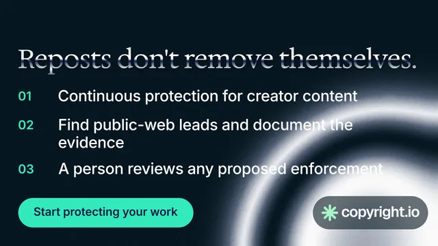 Landscape graphic for copyright.io: "Reposts don't remove themselves." Y2K style, numbered layout, dark palette in black, teal, blue.