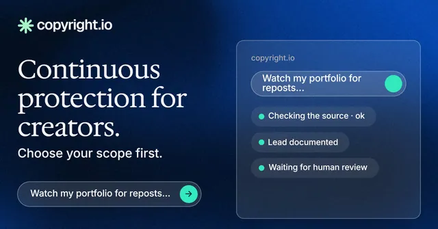 Social ad for copyright.io: "Continuous protection for creators." Agentic glass style, bottom layout, dark palette in blue, black.