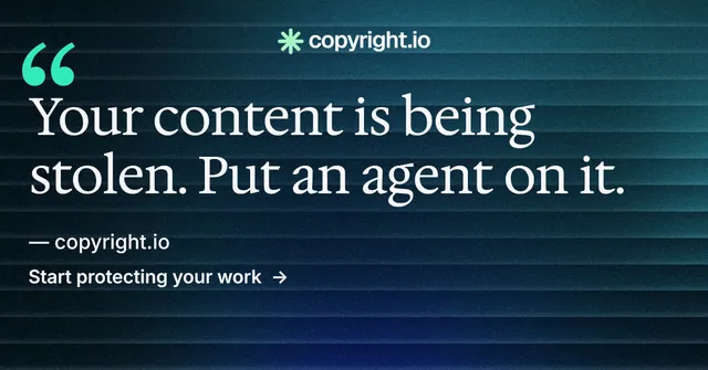 Social ad for copyright.io: "Find your reposted work." Minimal luxury style, quote layout, dark palette in blue, black.