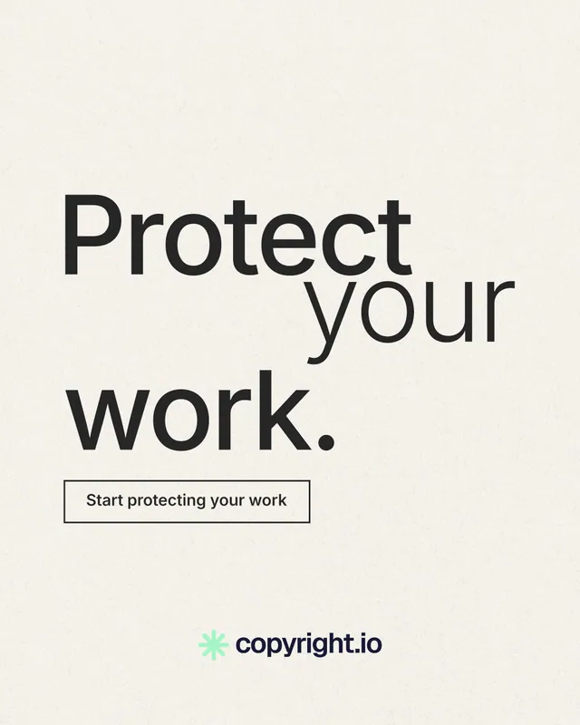 Instagram portrait post for copyright.io: "Protect your work." Editorial style, stacked layout, light palette in white.