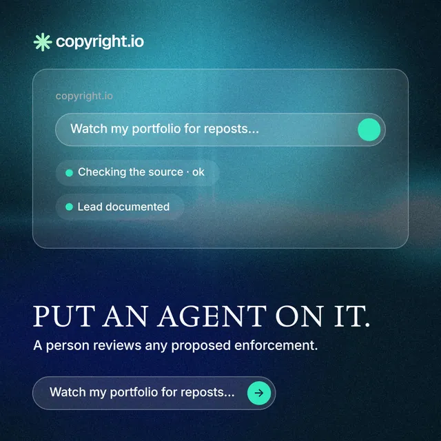 Instagram post for copyright.io: "Put an agent on it." Agentic glass style, bottom layout, dark palette in blue, teal.