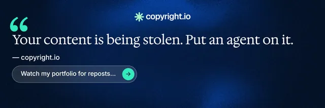 X header for copyright.io: "Evidence, documented." Agentic glass style, quote layout, dark palette in black, blue.