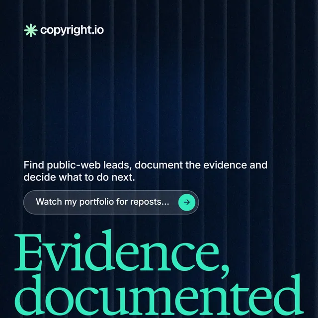 Instagram post for copyright.io: "Your content is being stolen." Agentic glass style, oversized layout, dark palette in black, teal.