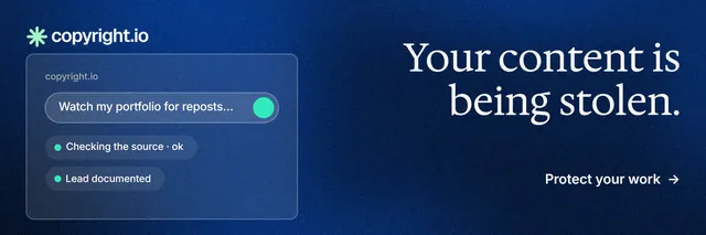 X header for copyright.io: "Your content is being stolen." Minimal luxury style, right layout, dark palette in blue.