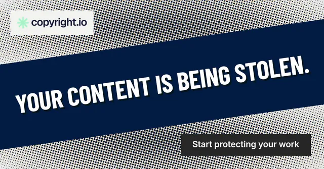 Social ad for copyright.io: "Your content is being stolen." Retro print style, diagonal layout, dark palette in blue, grey.
