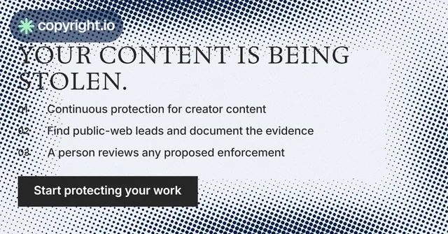 Social ad for copyright.io: "Your content is being stolen." Split block style, numbered layout, light palette in grey, white, blue.