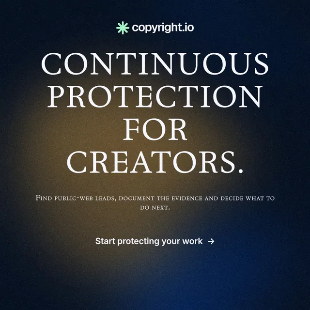 Instagram post for copyright.io: "Continuous protection for creators." Minimal luxury style, smallcaps layout, dark palette in black, grey.