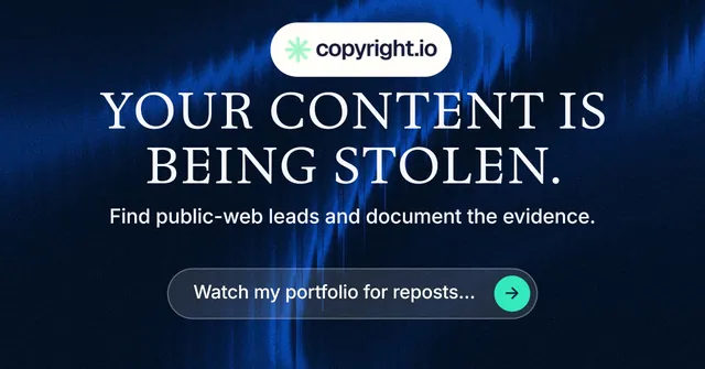 Social ad for copyright.io: "Your content is being stolen." Agentic glass style, centred layout, dark palette in blue, black.