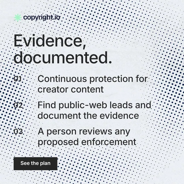 Instagram post for copyright.io: "Evidence, documented." Split block style, numbered layout, light palette in white, grey.