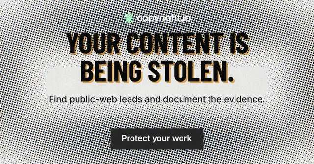 Social ad for copyright.io: "Your content is being stolen." Retro print style, centred layout, light palette in grey, white.