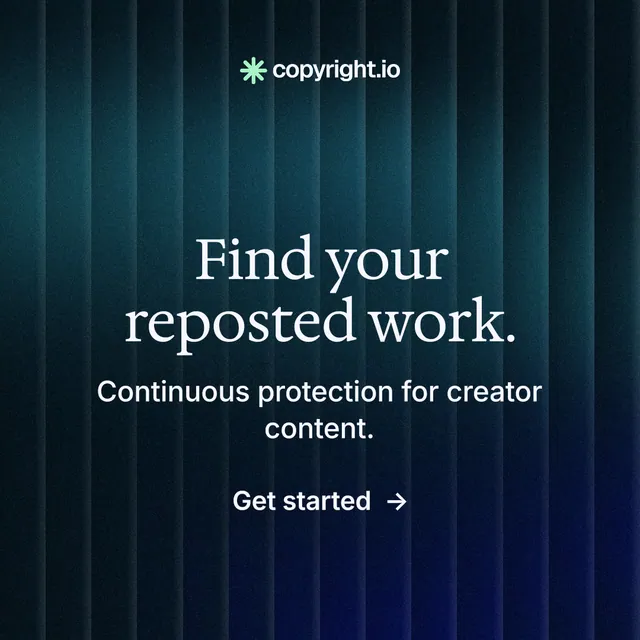 Instagram post for copyright.io: "Find your reposted work." Minimal luxury style, skeleton layout, dark palette in black, blue.