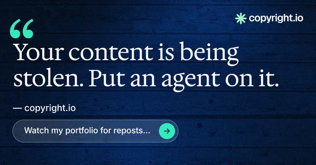 Social ad for copyright.io: "Protect your work." Agentic glass style, quote layout, dark palette in blue, black.