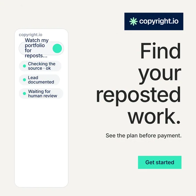 Instagram post for copyright.io: "Find your reposted work." Swiss style, right layout, light palette in white, grey.