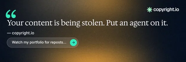 X header for copyright.io: "Reposts don't remove themselves." Agentic glass style, quote layout, dark palette in black, orange, yellow.