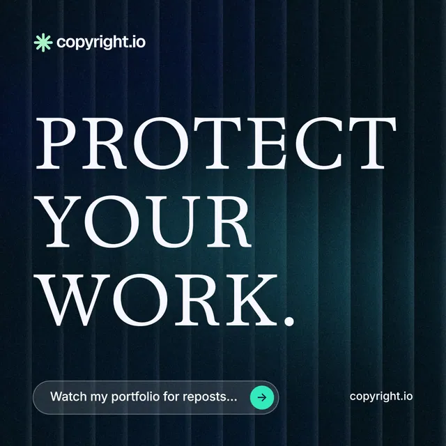 Instagram post for copyright.io: "Protect your work." Agentic glass style, poster layout, dark palette in black, grey.