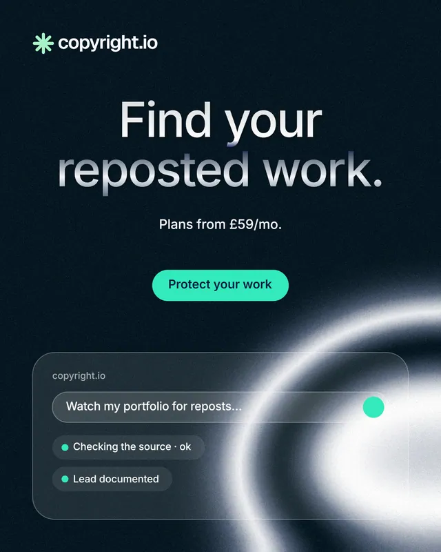 Instagram portrait post for copyright.io: "Find your reposted work." Y2K style, centred layout, dark palette in black, blue, grey.