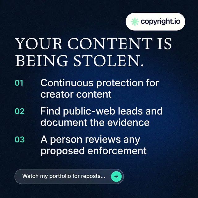 Instagram post for copyright.io: "Your content is being stolen." Agentic glass style, numbered layout, dark palette in blue, black, grey.