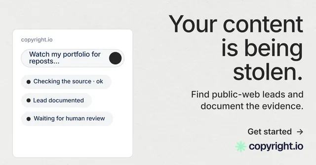 Social ad for copyright.io: "Your content is being stolen." Minimal luxury style, right layout, light palette in white, grey.