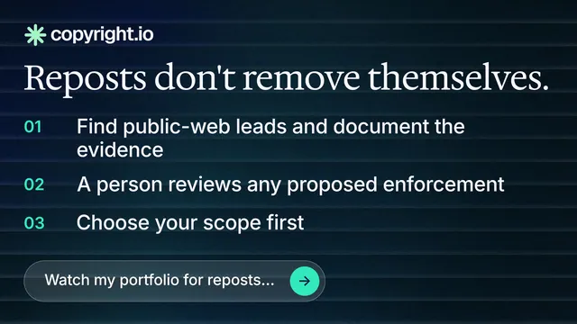 Landscape graphic for copyright.io: "Reposts don't remove themselves." Agentic glass style, numbered layout, dark palette in black, grey, blue.