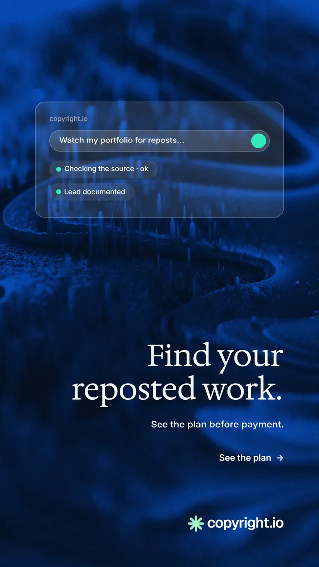 Instagram story for copyright.io: "Find your reposted work." Minimal luxury style, right layout, dark palette in blue, black.