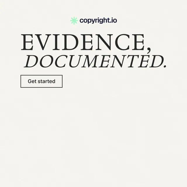Instagram post for copyright.io: "Evidence, documented." Editorial style, stacked layout, light palette in white.