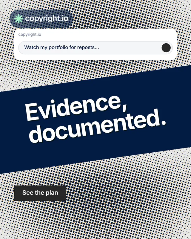 Instagram portrait post for copyright.io: "Evidence, documented." Swiss style, diagonal layout, light palette in blue, grey, white.