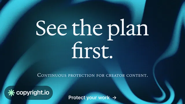 Landscape graphic for copyright.io: "See the plan first." Agentic glass style, smallcaps layout, dark palette in black, blue, teal.