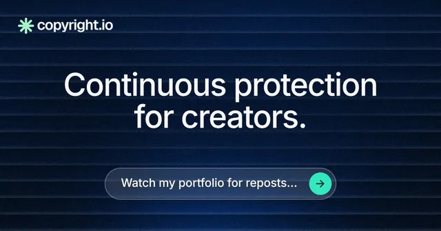 Social ad for copyright.io: "Continuous protection for creators." Agentic glass style, centred layout, dark palette in blue, black.