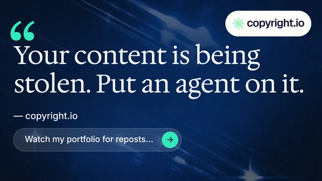 Landscape graphic for copyright.io: "Find your reposted work." Agentic glass style, quote layout, dark palette in blue, black.