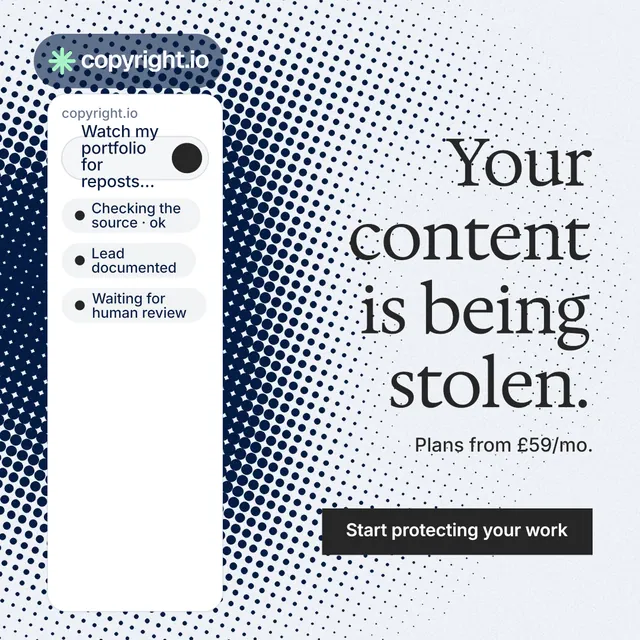 Instagram post for copyright.io: "Your content is being stolen." Split block style, right layout, light palette in white, grey.