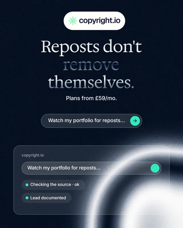 Instagram portrait post for copyright.io: "Reposts don't remove themselves." Agentic glass style, centred layout, dark palette in black, blue, grey.