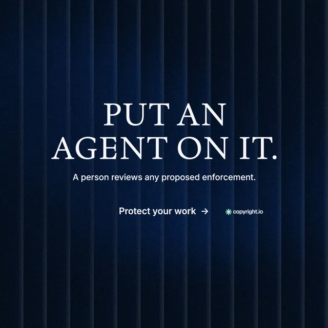 Instagram post for copyright.io: "Put an agent on it." Minimal luxury style, centred layout, dark palette in black, blue.
