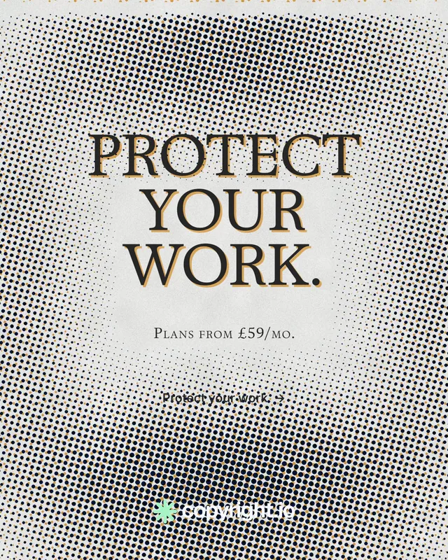 Instagram portrait post for copyright.io: "Protect your work." Retro print style, smallcaps layout, light palette in grey, white.